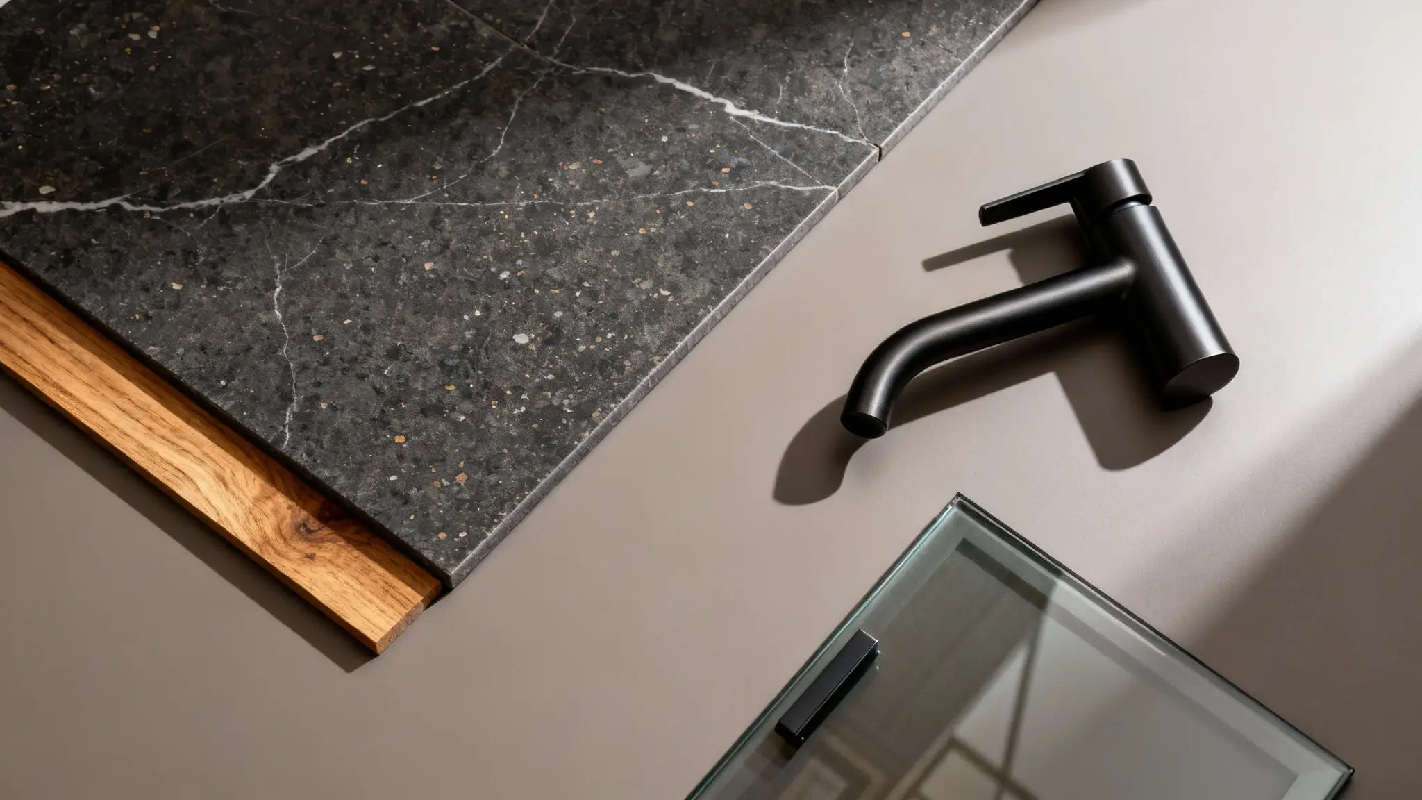 detall d’aixeteria negra mat sobre superfície efecte pedra fosca