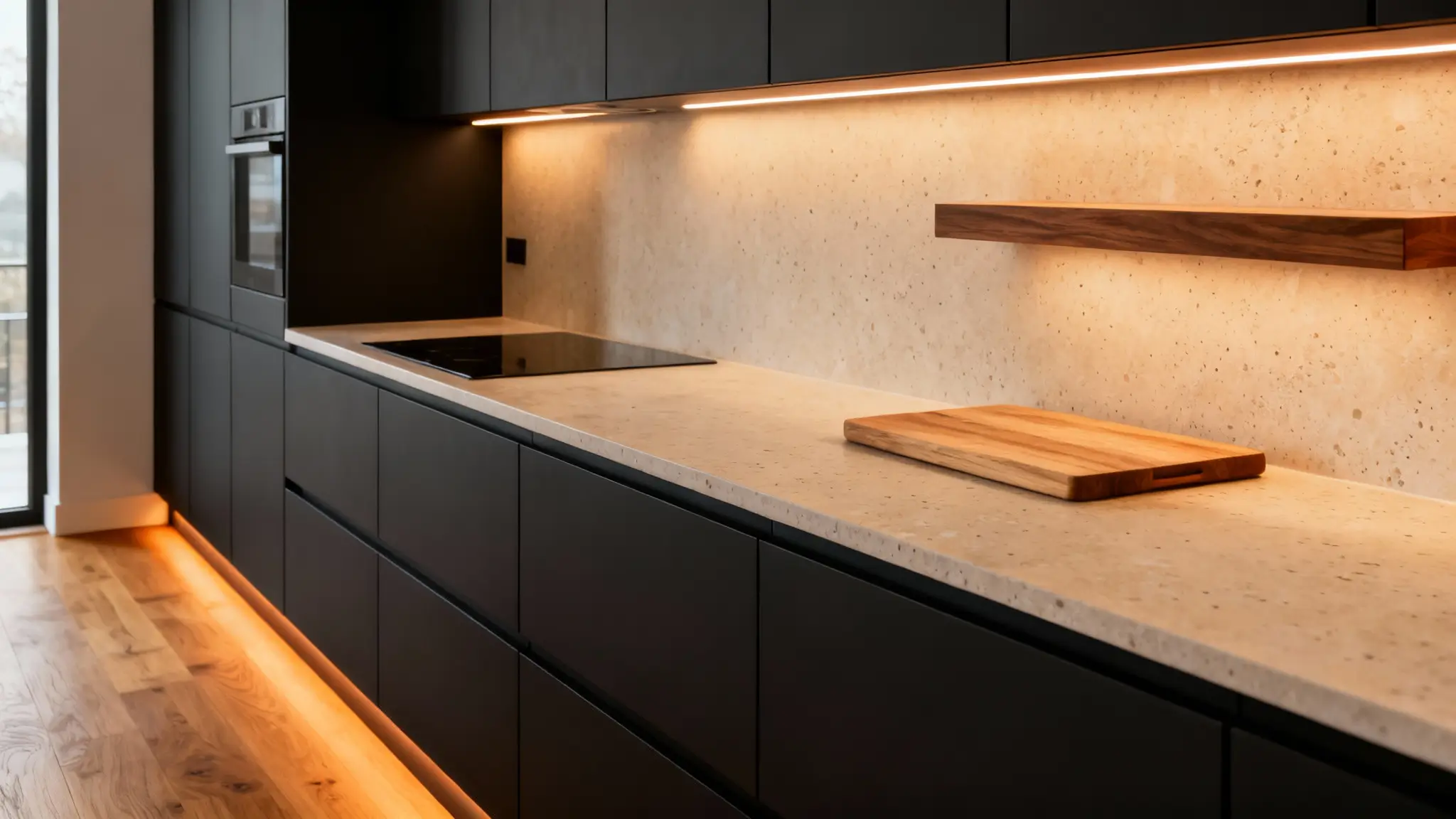 contrast entre taulell clar i armaris negres mat en cuina moderna