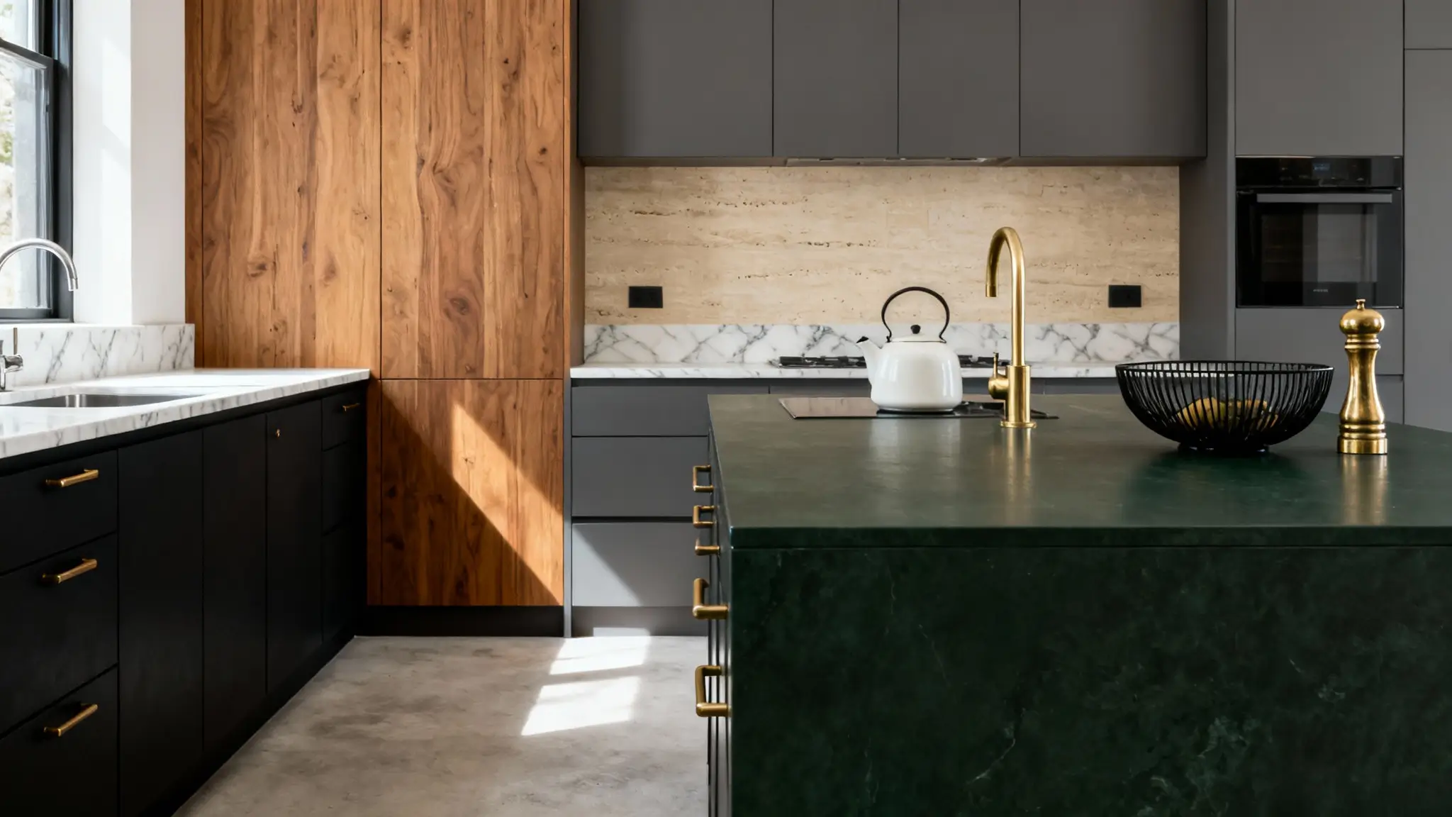 cuina verda fosca mat combinada amb fusta i detalls en llautó