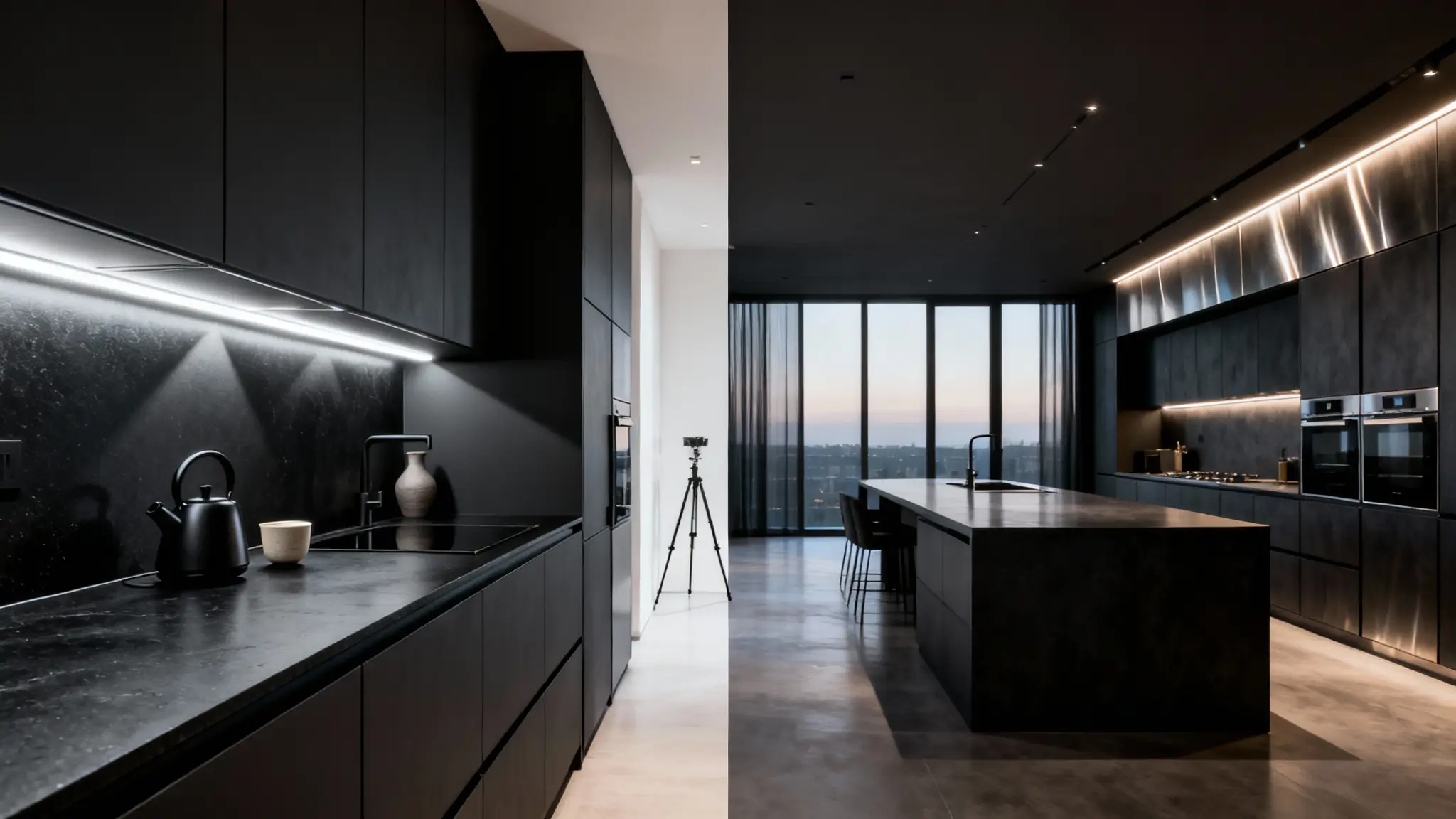 cuina moderna fosca estil dark & matte amb il·luminació lineal