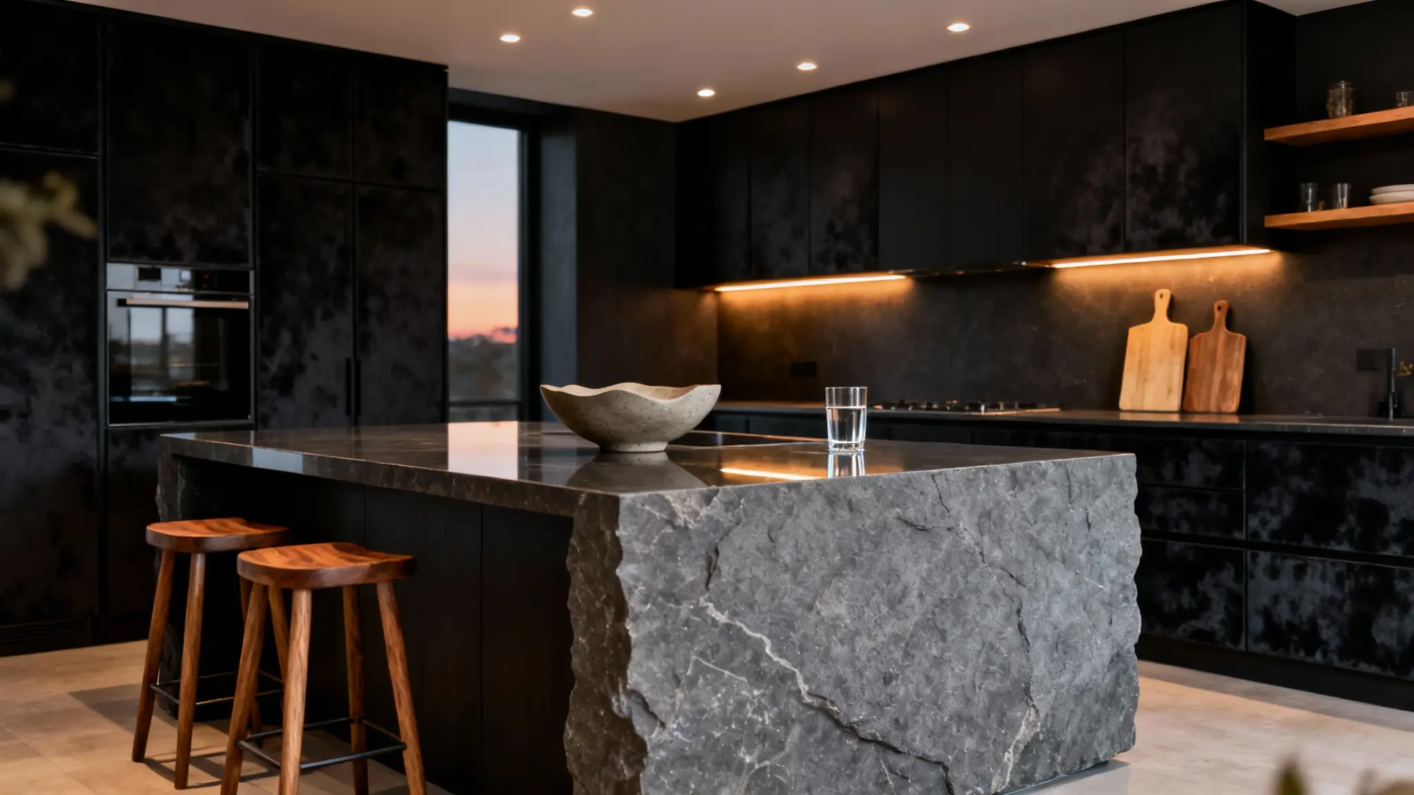 cuina negra mat amb illa de pedra fosca disseny luxe contemporani